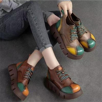 Ретро мода ботинки Мартин осень и зима круглый носок толстая подошва модная цветная вставка шнуровка короткие ботинки на маффиновой подошве женские ботинки