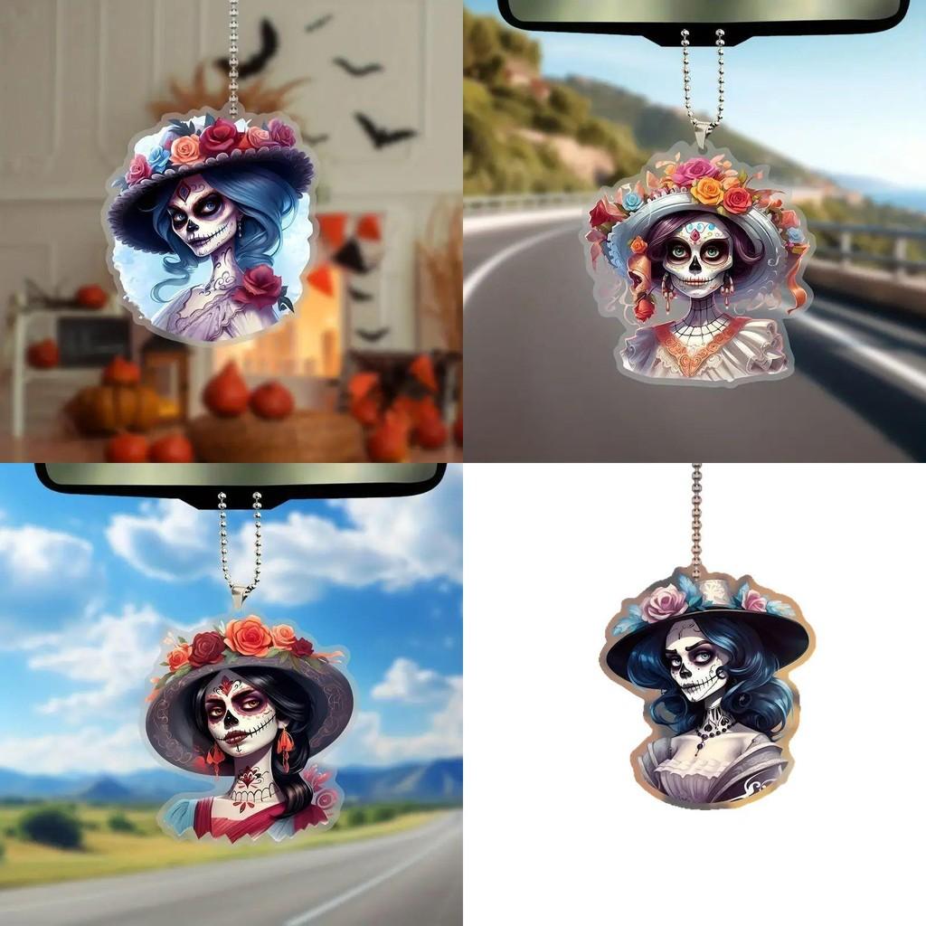 Car Acrylic Decor Halloween Skull Flower Hat Design Pendant For Auto Interior