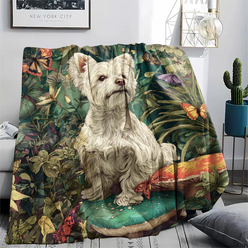 Maltese dog and grass,pattern Flannel Blanket, High quality Comfortable for All Seasons, Home Decor, Warmth and Comfort, Perfect for Gifts.