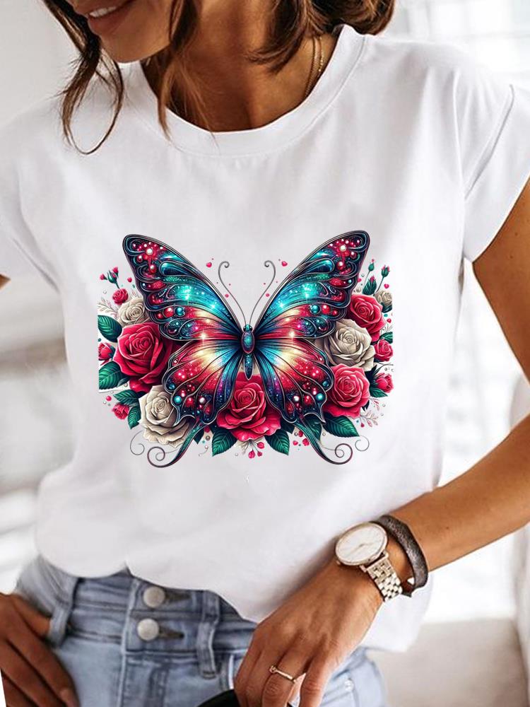 (Asian Size) Clothing T Shirt Lovely Cartoon Butterfly Fashion Tee Print Lady Women Casual Top Short Sleeve Female Graphic T-shirts