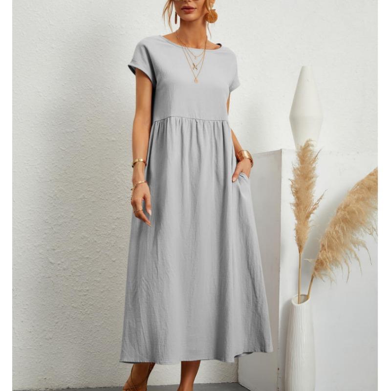 YYFS Женская мода лето весна однотонный принт с коротким рукавом и круглым вырезом свободная талия повседневные платья