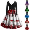 Женские рождественские повседневные модные винтажные платья с v-образным вырезом и длинными рукавами с принтом