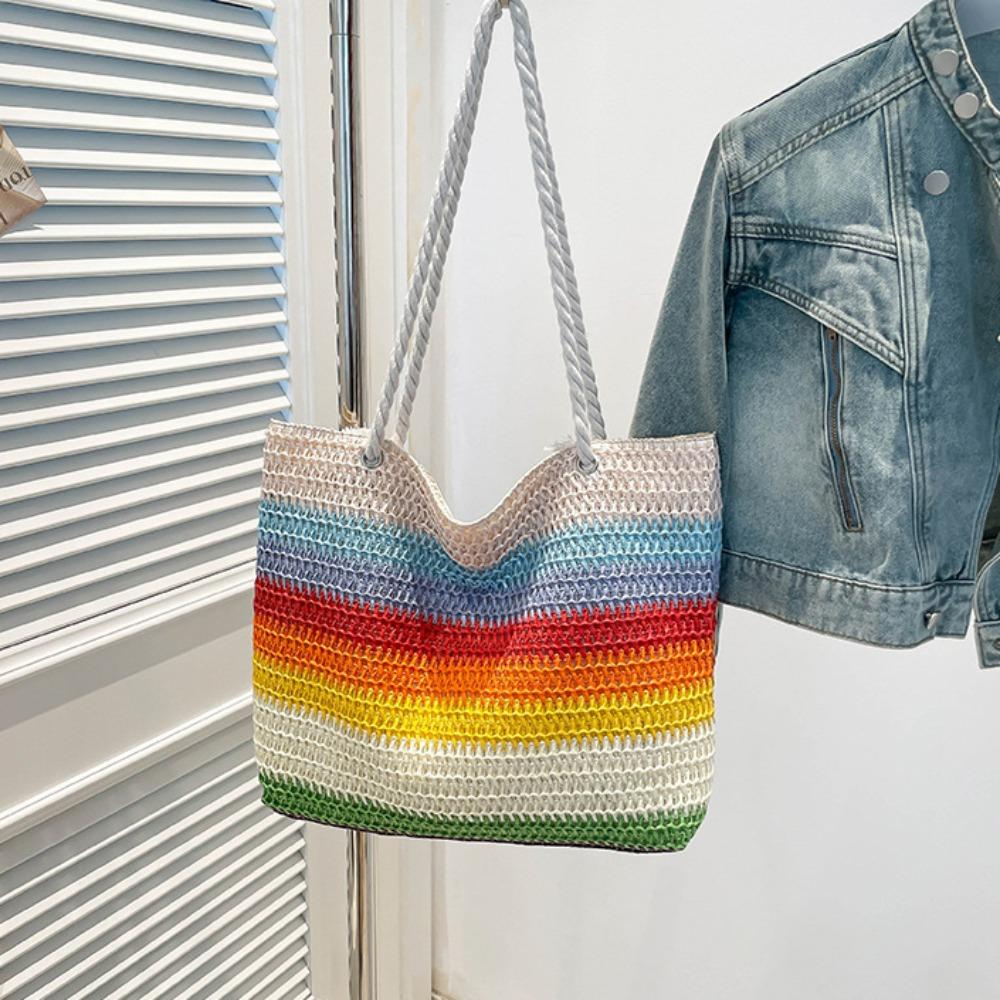 Bohemian Style Strip Weave Bag Beach Handbag Hollow Tote Bag Casual Rainbow Beach Bag Vacation