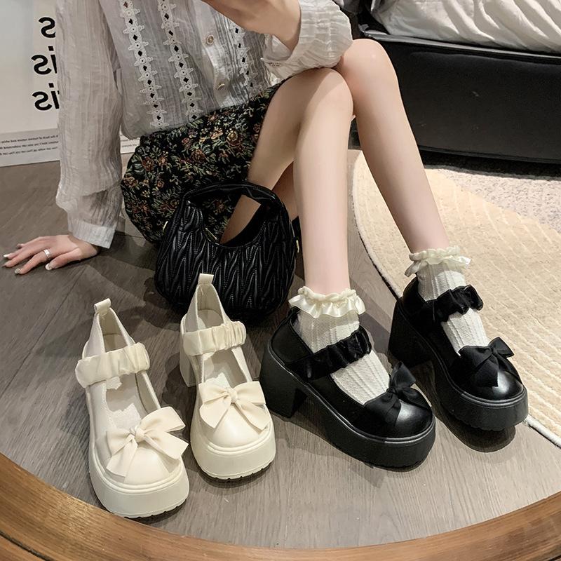 Mary Jane Shoes Women's Autumn and Winter 2025 New Platform Muffin Sole Thick Heel Small Leather Shoes Bow Single Shoes High Heels