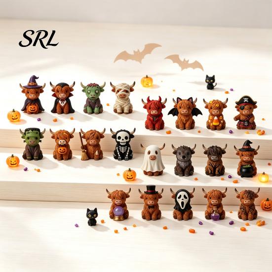 Acrylic Figurine Pendants Halloween Highland Cow Advent Calendar, 24 Days Surprise Countdown Calendar with DIY Garden Landscaping Mini Ornaments,