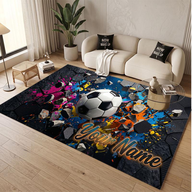 Soccer Theme Soft Crystal Velvet Rug Custom Name & Text Print Non Slip Floor Rug for Bedroom Living Room