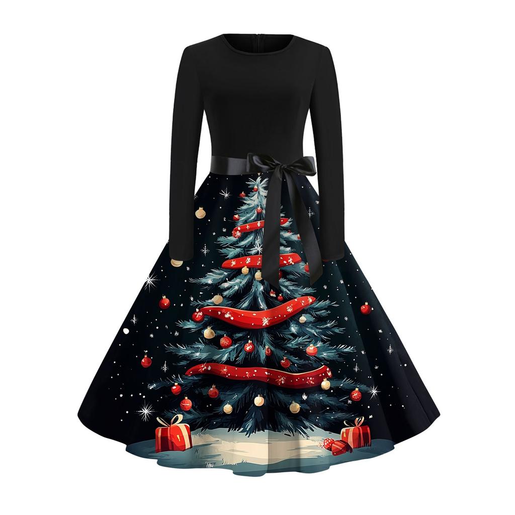 Christmas Print Flare Dress For Women Long Sleeve Dress Hollow Party Casual Dresses