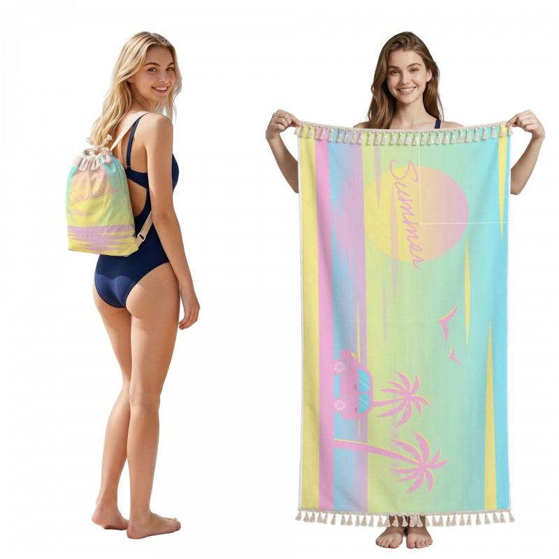 Quick-Dry Beach Towel With Sea Turtle Coral Fringe Design Foldable Portable Storage Bag Bath