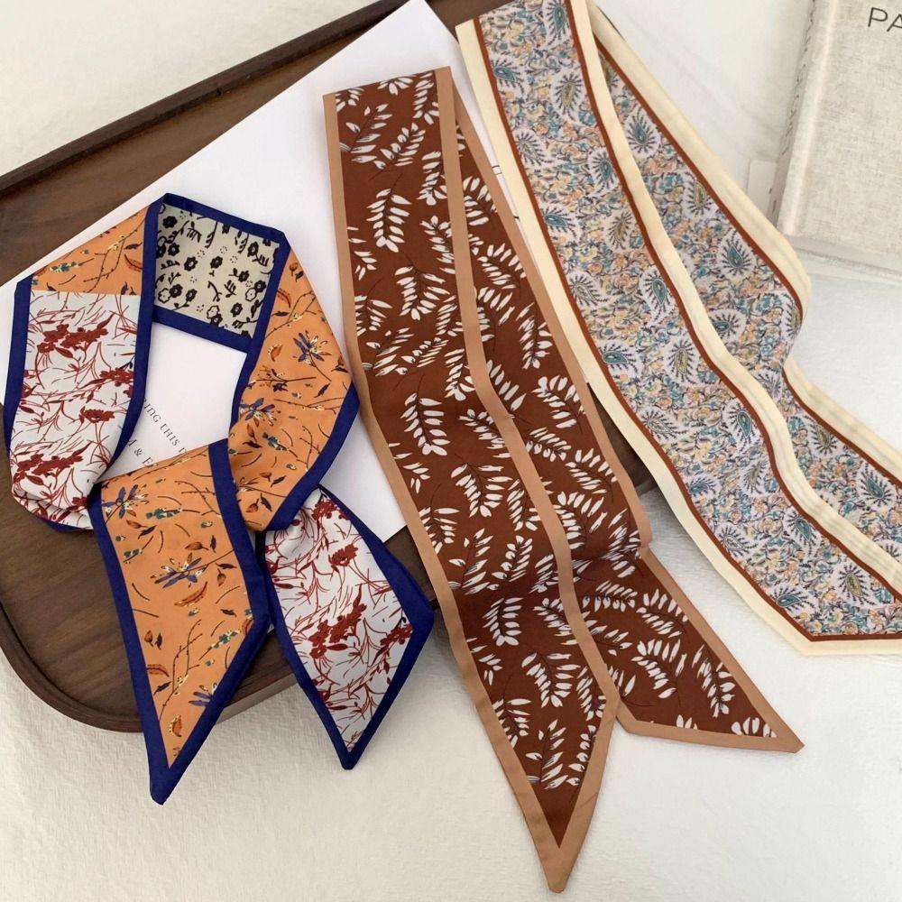 Long Neck Strap Flower Pattern Hair Band Fashion Floral Silk Scarf