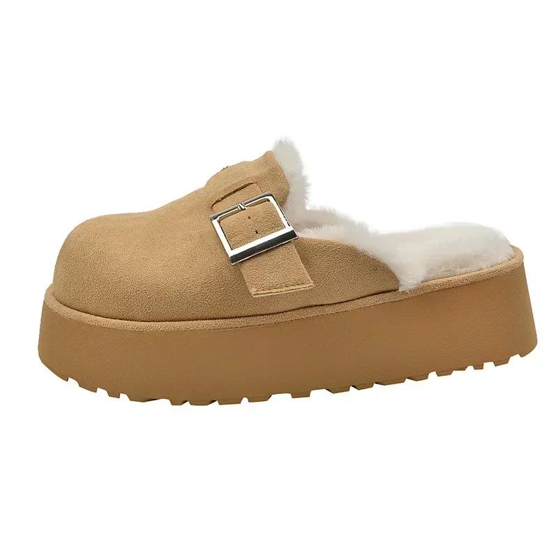 Новые меховые зимние тапочки женские кожаные мулы на платформе тапочки длинные плюшевые теплые мягкие домашние шлепанцы с пряжкой на ремне обувь 2024
