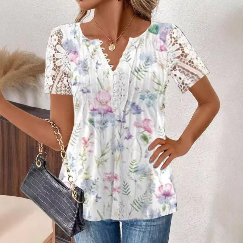 Summer T-shirt Fashion Women's Lace Lace Sleeves T-shirts Crimp Loose Solid Color Casual Printed Button Short Sleeve Tops
