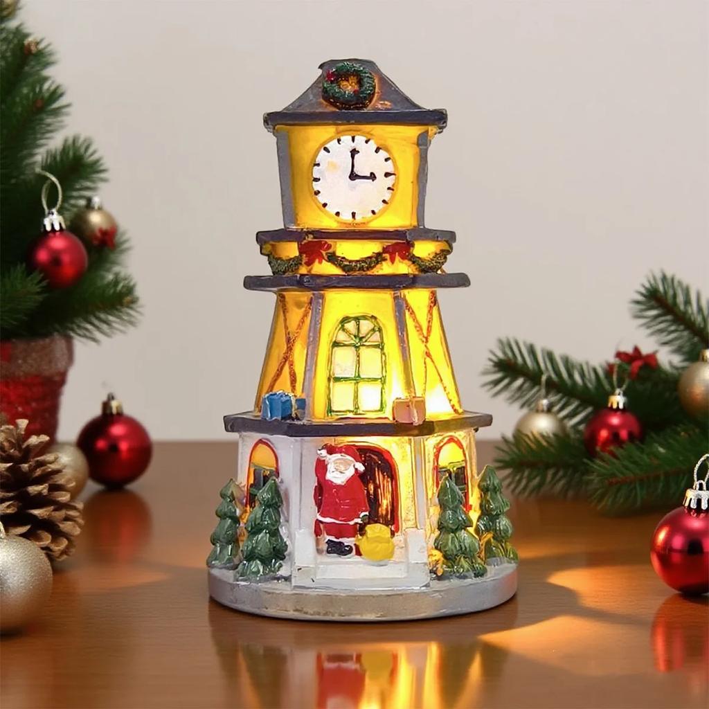 Christmas Village Bell Tower Figurine with LED Lights, Resin Xmas Holiday Sculpture Decoration and Gift