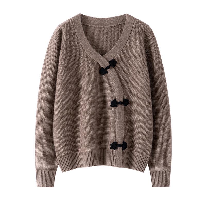 Autumn Winter Retro Ethnic Cashmere Cardigan for Women - Loose Fit Frog Button Knitwear, Fashionable Long Sleeve Sweater