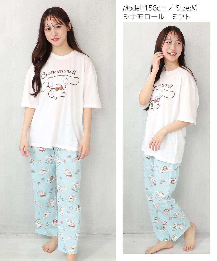 SAZAC Cinnamoroll Pajama Set for Cotton Short Long and Top X Women, Jersey, Sleeves, Pants, T-Shirt, (White Mint/Medium/SAN1806)