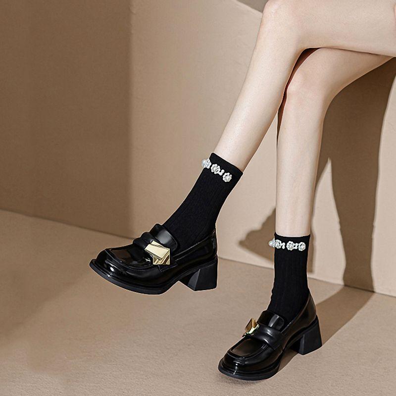 Fashion Loafers with Medium Heels Normal Leather Casual Black Shoes for Women 2024 Square Ladies Summer Footwear Chic and Elegant Y2k 39