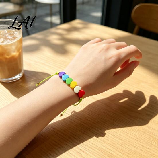 Adjustable Heart Bracelet Colorful Hearts Bracelet Handmade Braided Cord String Boho Style Woven Shaped Clay Beads Jewelry for Women Girls