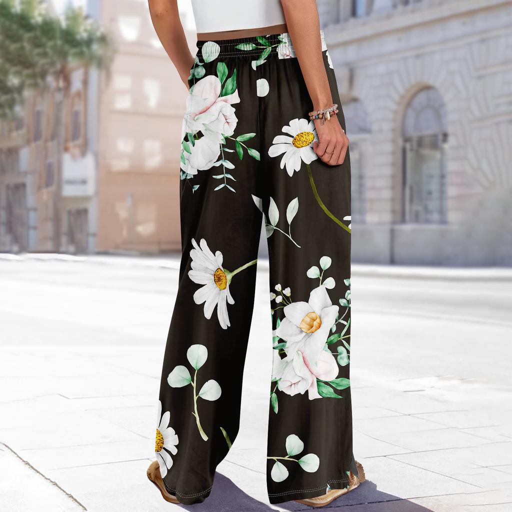 Women Summer Boho Palazzo Pants High Waist Wide Leg Rinting Casual Trousers With Pockets