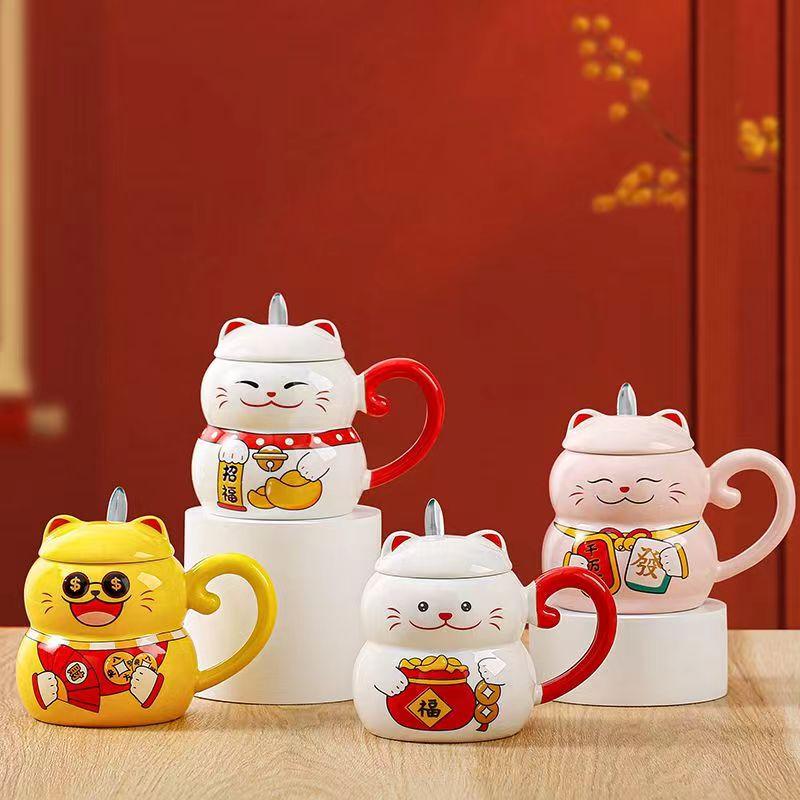 Керамическая кружка для кофе Lucky Cat с крышкой для кота, креативная, милая, мультяшная, милый, подарочная бутылка для завтрака, офисная посуда для питья, посуда для напитков