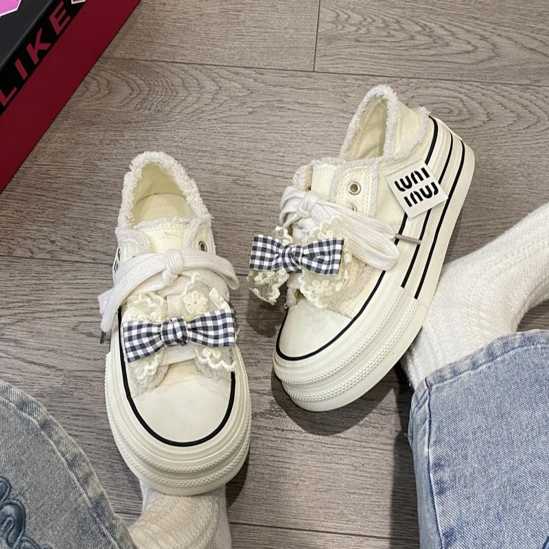 2024 парусиновые туфли женские кроссовки на толстой подошве новые повседневные туфли с бантами женские белые туфли для скейтбординга на шнуровке