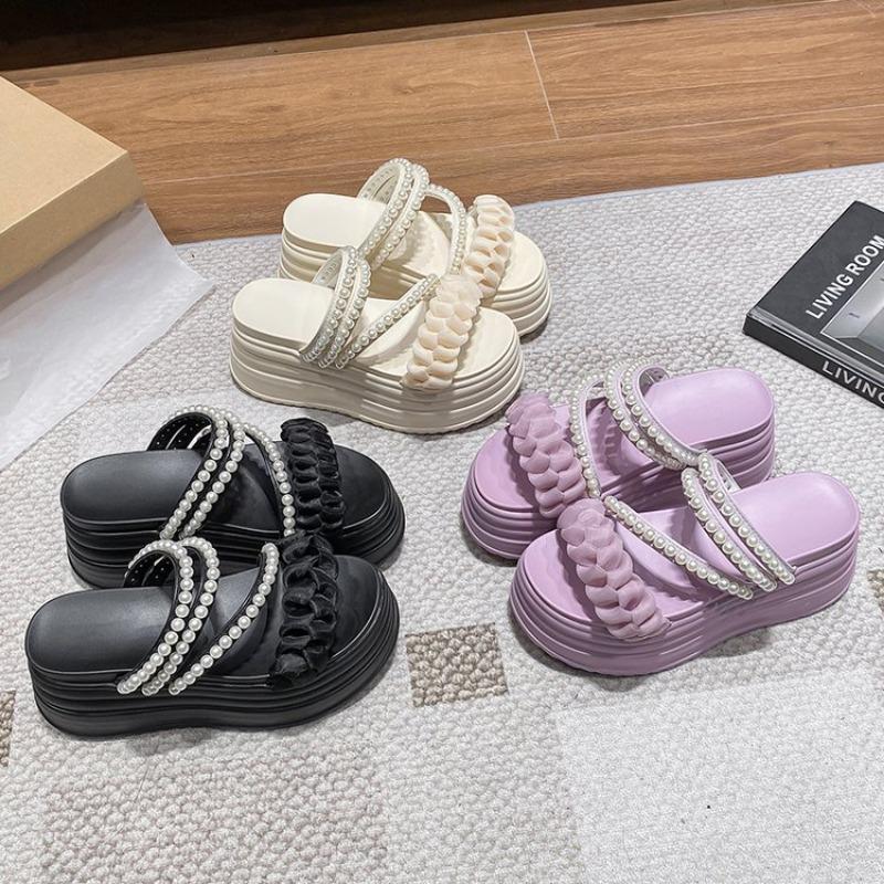 Модный волшебный стиль, толстый бисквит с двумя парами сандалий для женщин, летние сандалии с покатым каблуком и бусинами для отдыха на открытом воздухе