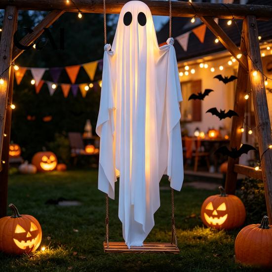 Outdoor Halloween Decorations Hanging Swing Ghost Decoration, Light Up Large Spooky Props on A for Outside Garden Yard Porch Tree Decor Easy Assembly