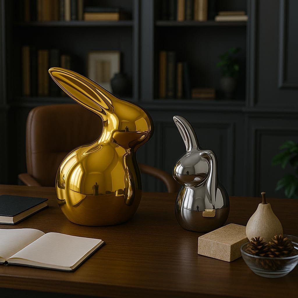 Home Decor Ceramic Cute Golden & Silver Rabbit Figurines (Set of 2, Golden and Silver)