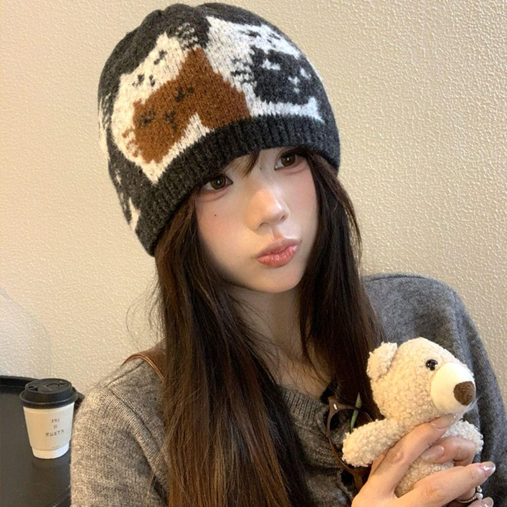 Warm Jacquard Pattern Beanies Fair Isle Style Printing Knit Cap Jacquard Cat Knitted Hat Girls