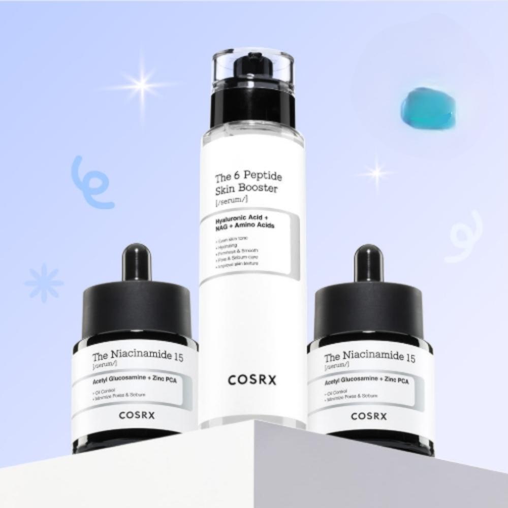COSRX Сыворотка с ниацинамидом 15% ×2 + Пептидная сыворотка 150 мл – Интенсивный набор из 3 предметов для ухода за кожей с избытком себума и расширенными порами