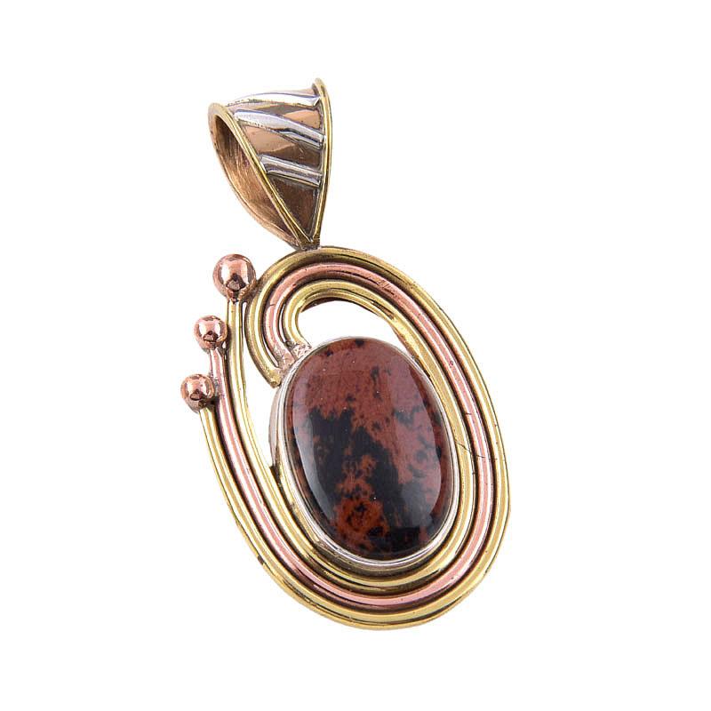 Natural Mahogany Obsidian 925 Sterling Silver Jewelry TwoTone Pendant 1.50" h8c82