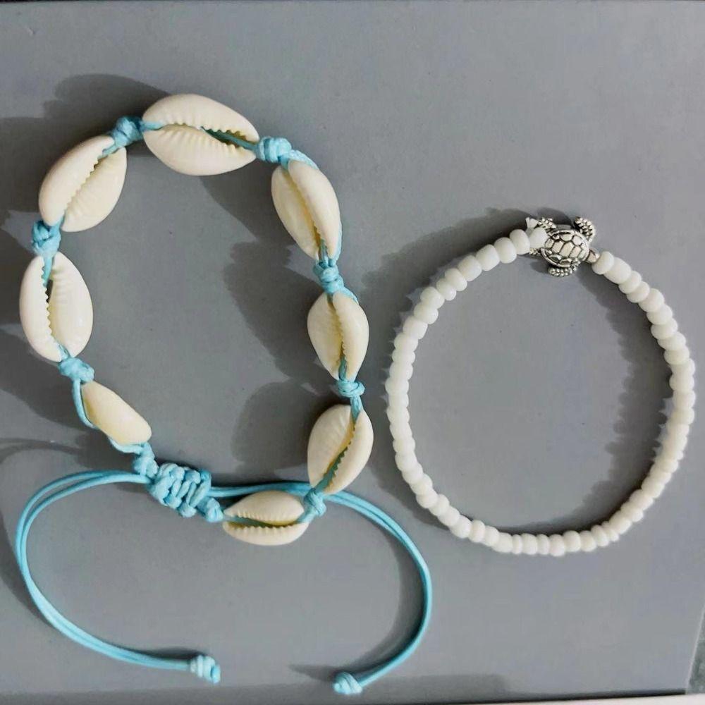 Набор из 2 браслетов на ногу из плетеного шнура и рисовых бусин с ракушкой, винтажный, пляжный