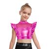 Kids Girls Metallic Tank Tops Mock Neck Mesh Patchwork Rhinestone Adorned Sleeveless Shiny Ruffle Crop Tops with Press Buttons Keyhole Back Dance Shir