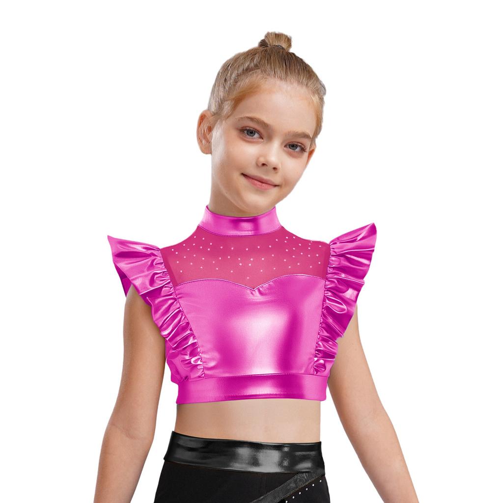 Kids Girls Metallic Tank Tops Mock Neck Mesh Patchwork Rhinestone Adorned Sleeveless Shiny Ruffle Crop Tops with Press Buttons Keyhole Back Dance Shir