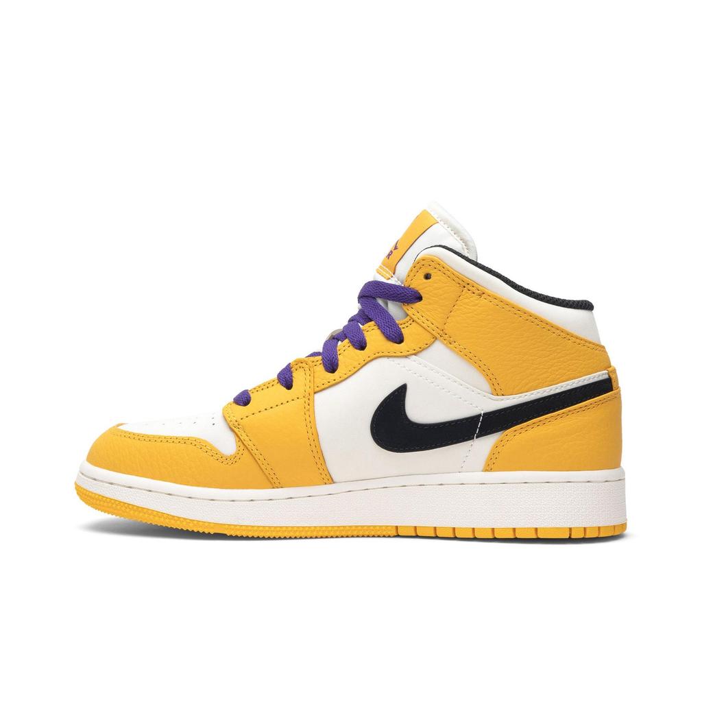 Air Jordan 1 Mid Grade School 'Lakers' (Unisex) University Gold / Pale Ivory-Court Purple-Black Kids' Basketball Shoes BQ6931 700