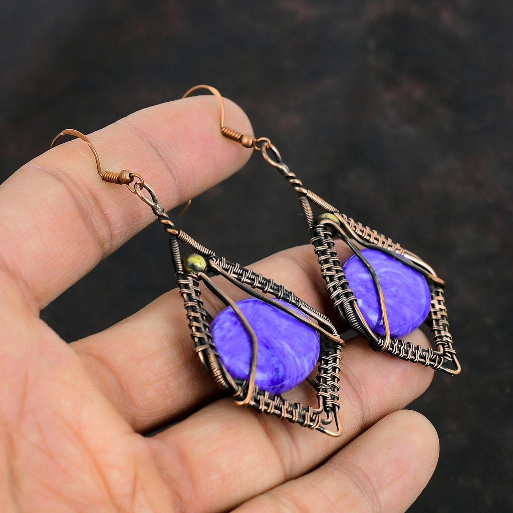 Серьги из чароита, медная проволочная обертка, медные украшения с драгоценными камнями, серьги ручной работы, проволочная обертка, висячие серьги, антикварные ювелирные изделия, подарок для жены