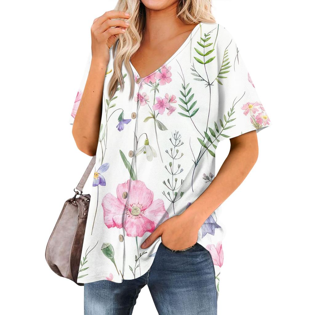 Women's T Shirt Tee Printed Women's Shirts V Neck Short Sleeve Button Up Tunic Tops Blouse