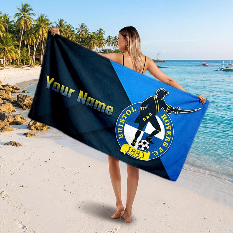 Bristol Rovers Custom Beach Towel, Personalized Name Text Print, Football Logo Soft Quick‑Dry Towel Holiday Gift