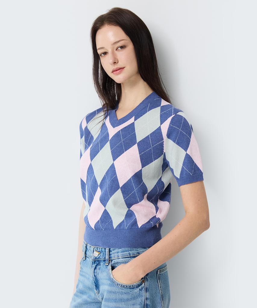 SHINE ON YOU Linen Cotton Argyle Pattern V-Neck Short Sleeve Knit - Navy Rose