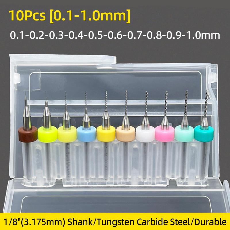 10pcs Set 0.1mm-2.0mm High Quality Hard Alloy PCB Print Circuit Board Carbide Micro Drill Bits Tool SMT CNC 1/8 Spiral Flute Bi