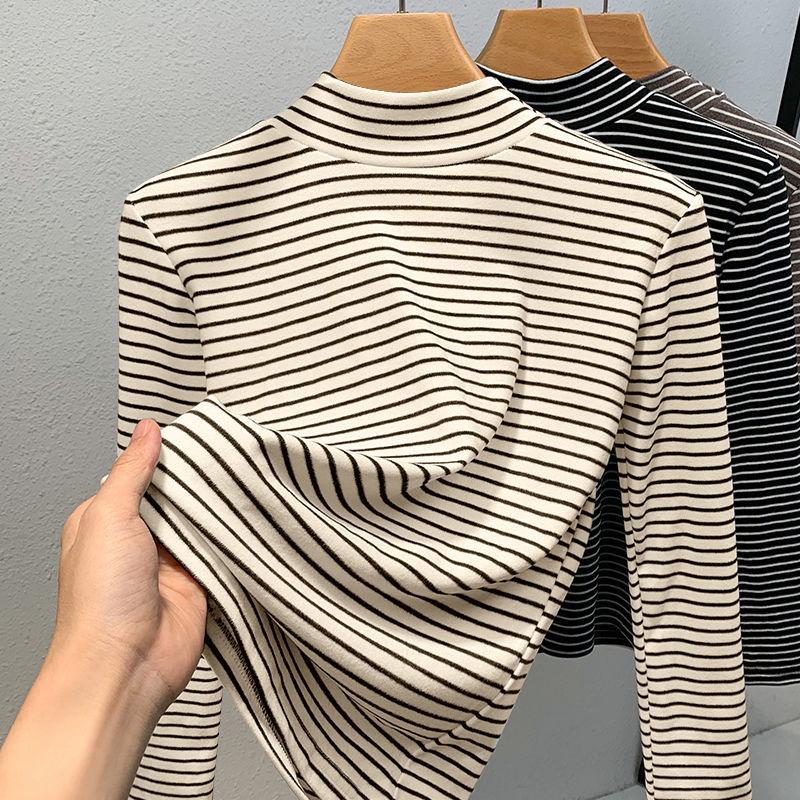 Autumn and winter bottoming shirt women's long-sleeved semi-turtleneck German velvet thermal top striped inside slim long-sleeved t-shirt