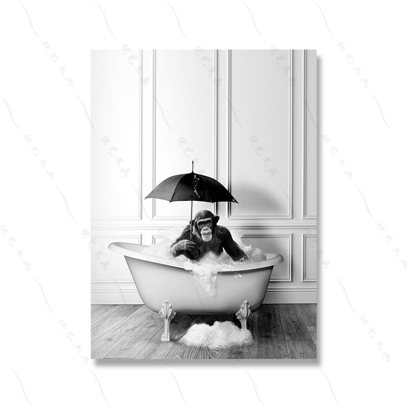 Милый шимпанзе в ванной Забавный настенный рисунок на холсте Фото животных Ванная комната Черно-белый туалет Плакат Печать комнаты Домашний декор