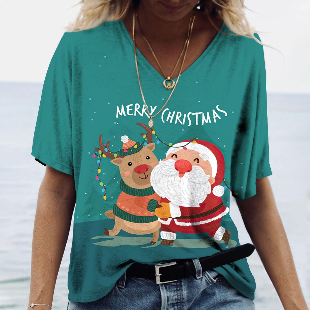 Футболка с короткими рукавами и V-образным вырезом большого размера 6XL Merry Christmas, женская, с принтом рождественской елки и Санта-Клауса, простая, модная, трендовая женская одежда