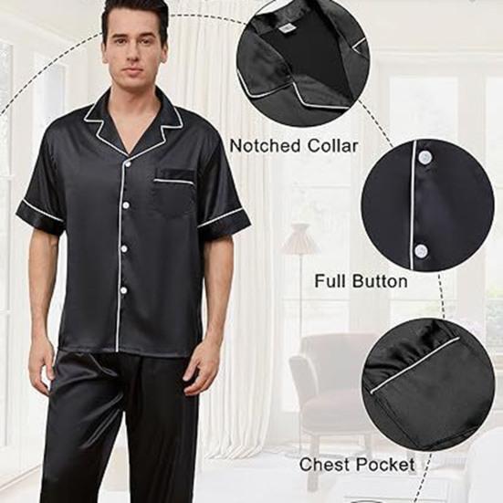 2Pcs/Set Silk Satin Men Pajama Set Notch Collar Button Down Pajama Top with Chest Pocket
