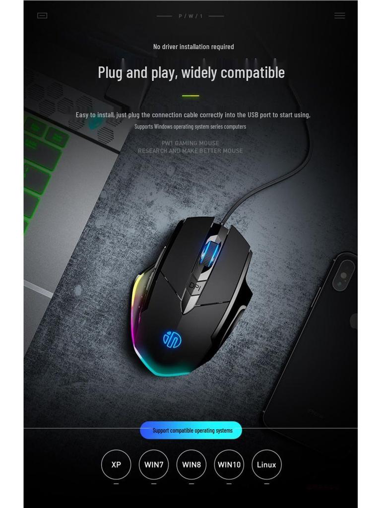 PW1 Silent Wired Gaming Mouse – Mechanical, Noiseless, for Boys & Girls, Compatible with Large Laptops & Office Computers