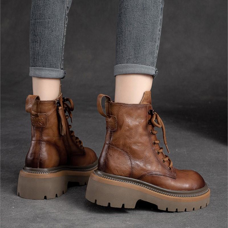 Johnature Винтажные сапоги на толстой подошве, короткие сапоги из натуральной кожи с боковой молнией, модная универсальная женская обувь