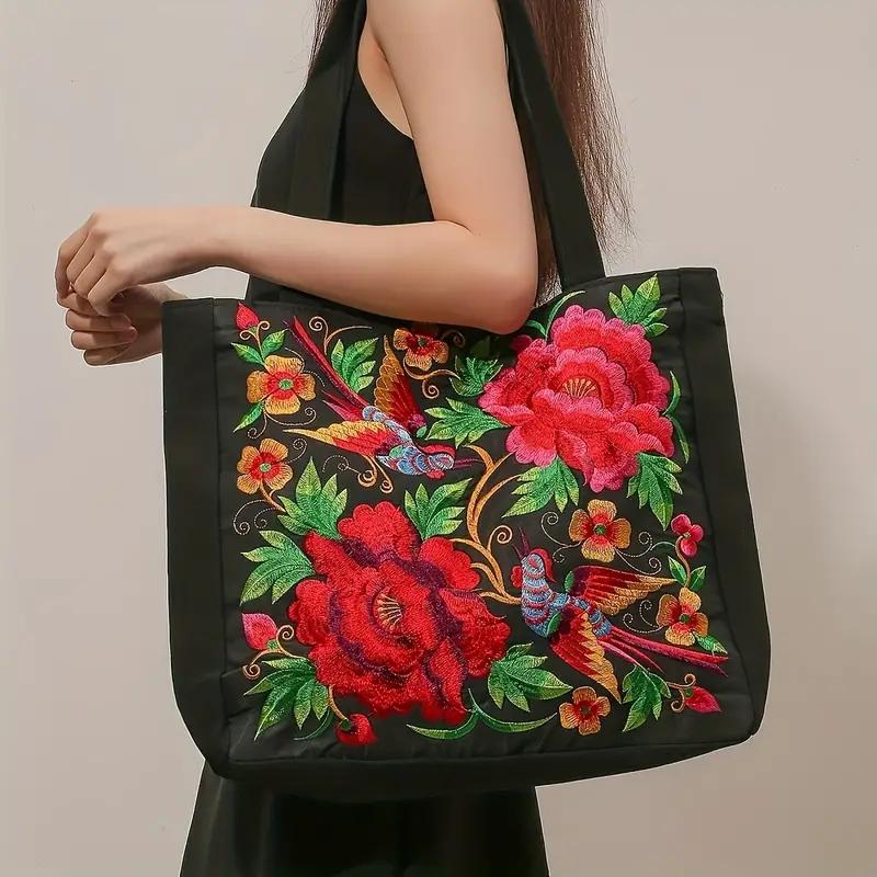 Flower Embroidery Canvas Tote Bag, Ethnic Style Shoulder Bag, Large Capacity Handbag For Women KTY