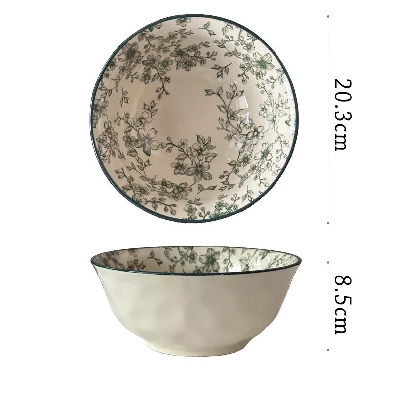 Винтажная керамическая тарелка с зеленым цветком, элитные ресторанные обеденные тарелки, суповые миски, изысканные блюда, глубокая тарелка, бытовая посуда