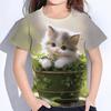 Одежда для девочек Милая футболка с принтом кота Футболка с коротким рукавом для девочек Летняя детская одежда Футболка с круглым вырезом Футболки Модная детская футболка