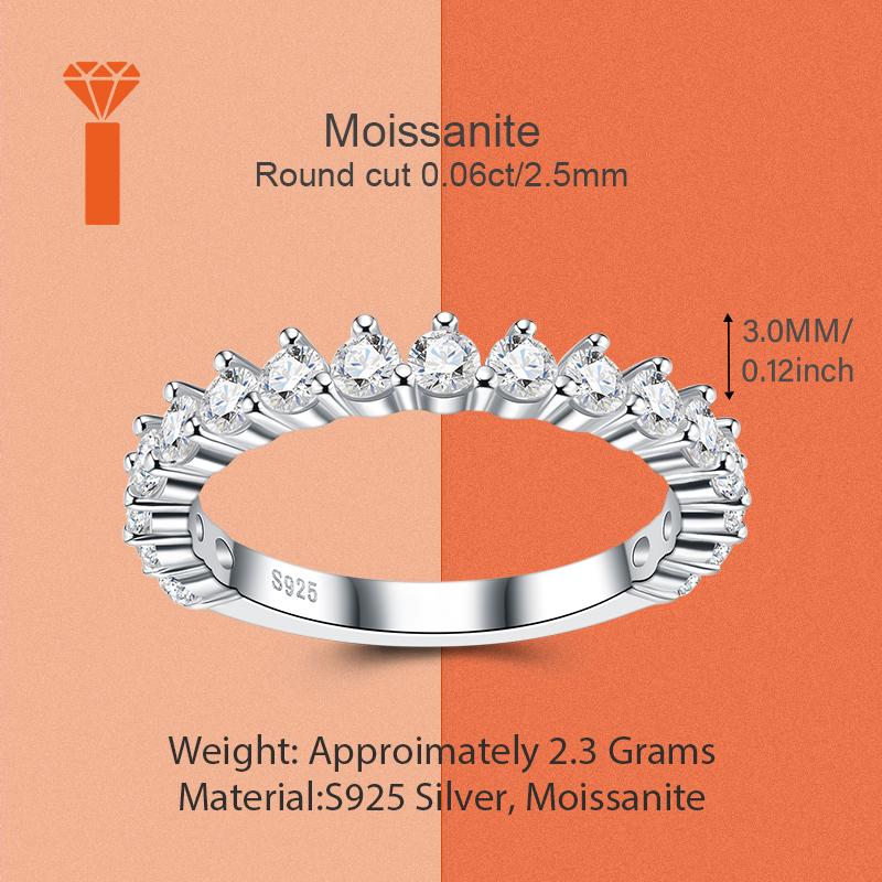 Ready Stock Shared Prong Moissanite Ring 0.06ct Round 2.3g Prong Set Half Eternity S925 Silver Bridal Stack Promise Rings