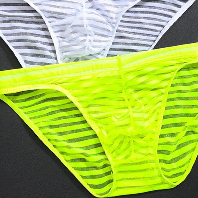Men Mesh Striped Transparent Briefs Low Waist Ultra-thin Ice Silk Sexy Breathable Underwear Underpant Men Gays Sissy Panties