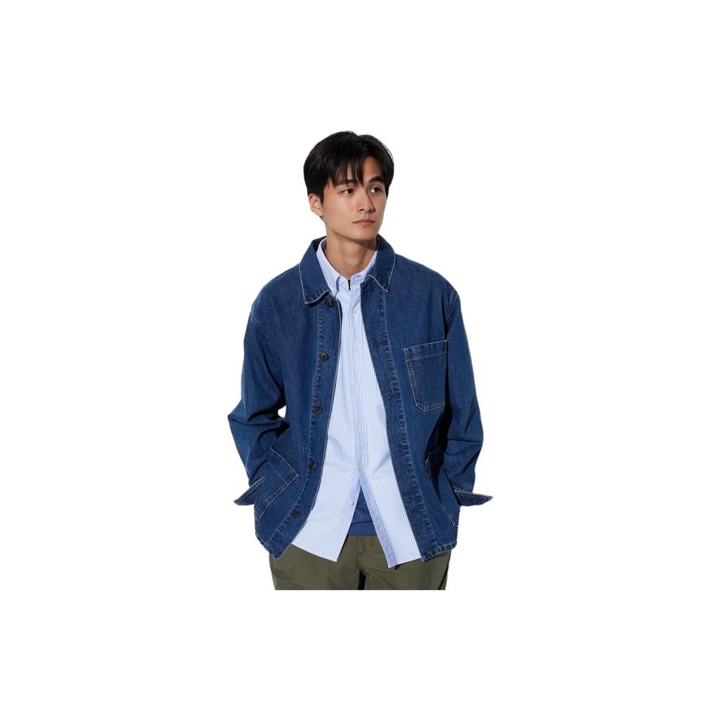 Uniqlo Однотонная куртка с острым воротником, однобортная, с длинным рукавом, унисекс, джинсово-синяя 467535-67